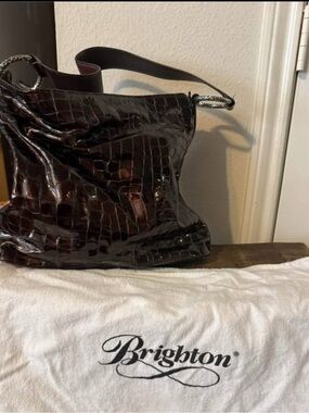 Brighton Glossy Croc-Embossed Shoulder Bag in Dark Brown